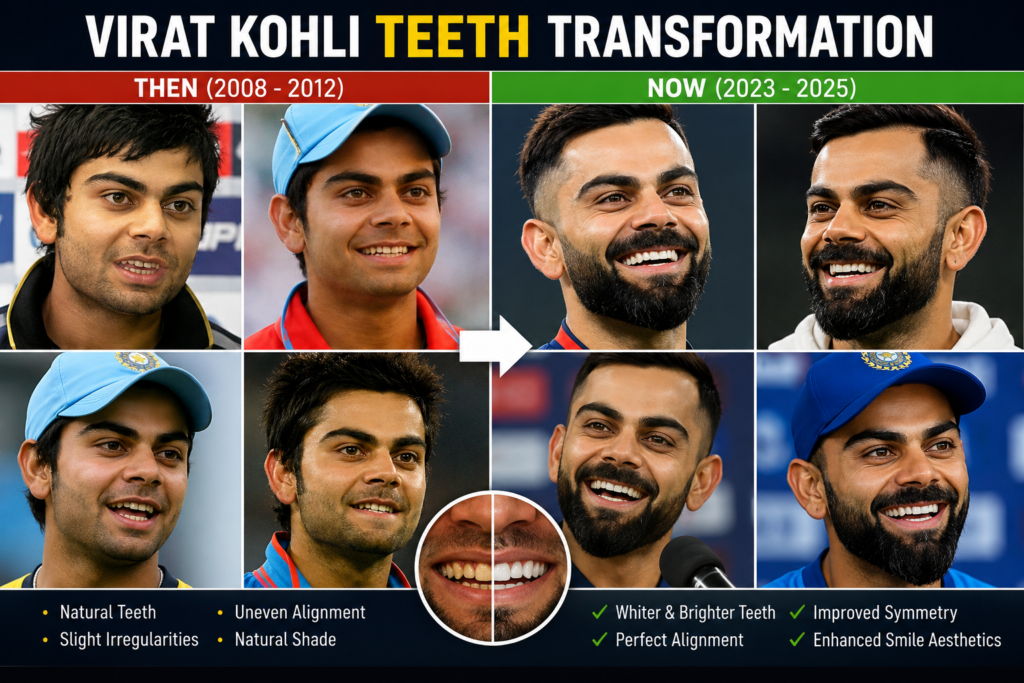 Virat Kohli teeth transformation before and after comparison showing smile evolution, brighter teeth, improved symmetry, and celebrity smile makeover analysis.